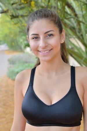 Teen jogger pauses to take off her spandex pants and bra on a run on shefanatics.com