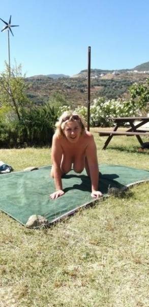 Mature amateur sports a creampie after sex atop a picnic table on shefanatics.com