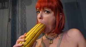 Kinky pierced BDSM slut Abigail Dupree pisses in carafe & toys ass with gourd on shefanatics.com