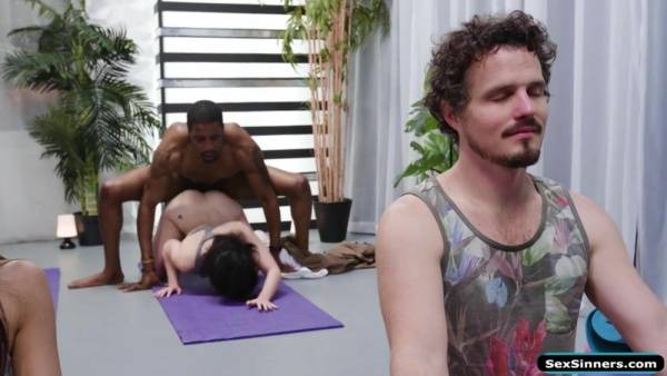 Black yoga teacher fucks petite student on shefanatics.com